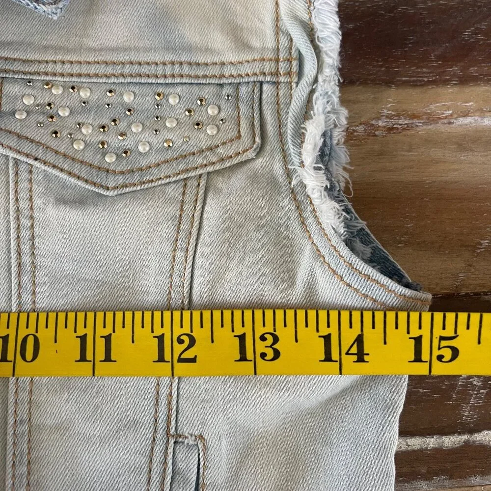 Mayoral Girls Denim Vest Size 10 Pearl Studded Light Wash Jean Jacket Western